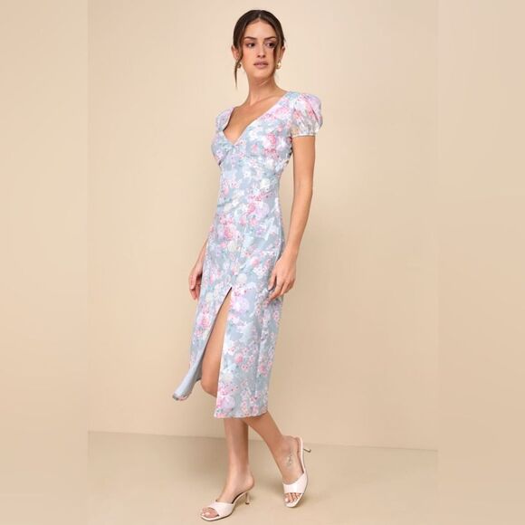 NEW LULUS Elegant Personality Slate Blue Floral Burnout Midi Dress Size S - Picture 13 of 13